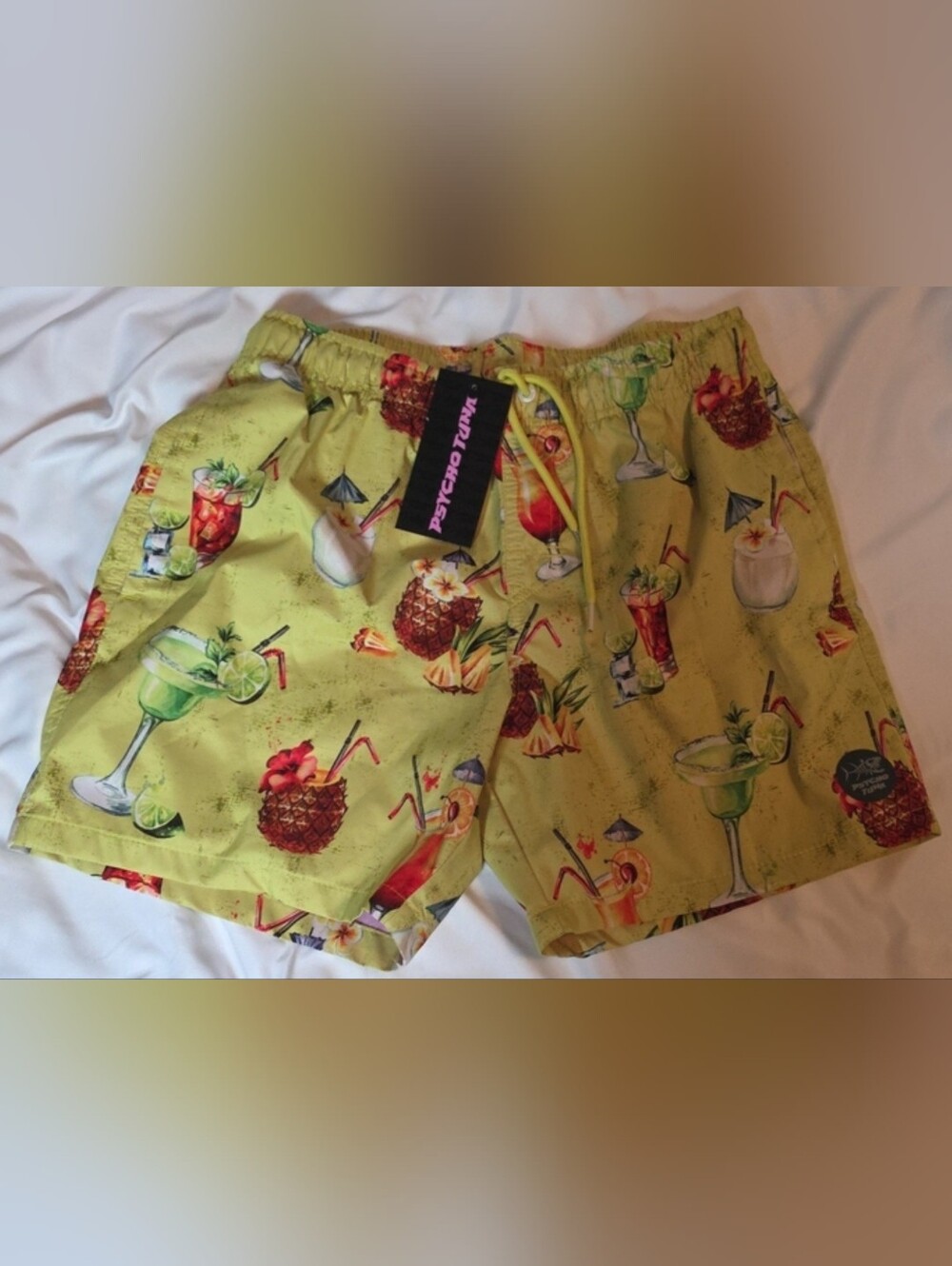Psycho Tuna Yellow Tropical Cocktail Print Swim Trunks NWT Medium